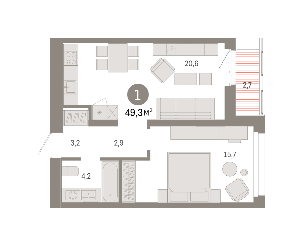 1-комнатная 49 м2 в ЖК Квартал Нефть корпус null этаж 7