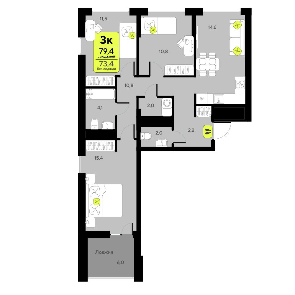3-комнатная 79 м2 в ЖК Мотивы корпус null этаж 11