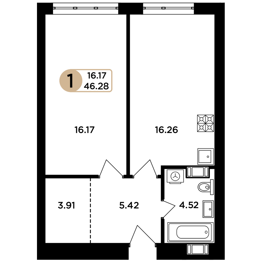 1-комнатная 46 м2 в ЖК Легенда корпус null этаж 9