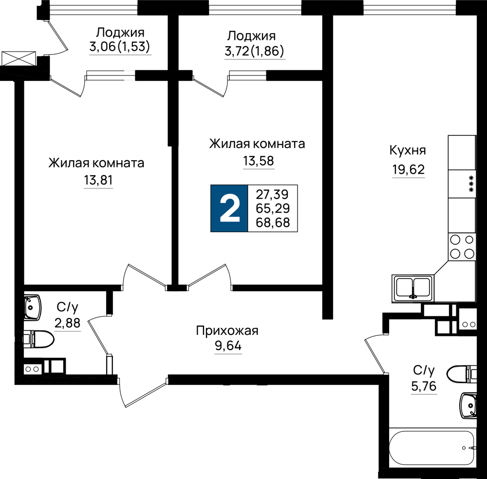 2-комнатная 68 м2 в ЖК Резиденция морей корпус null этаж 6