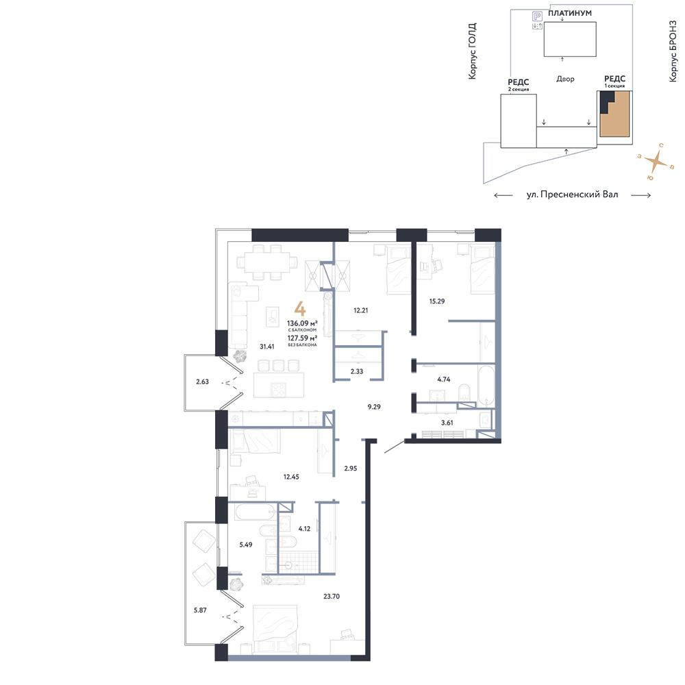 4-комнатная 136 м2 в ЖК Republic корпус null этаж 25