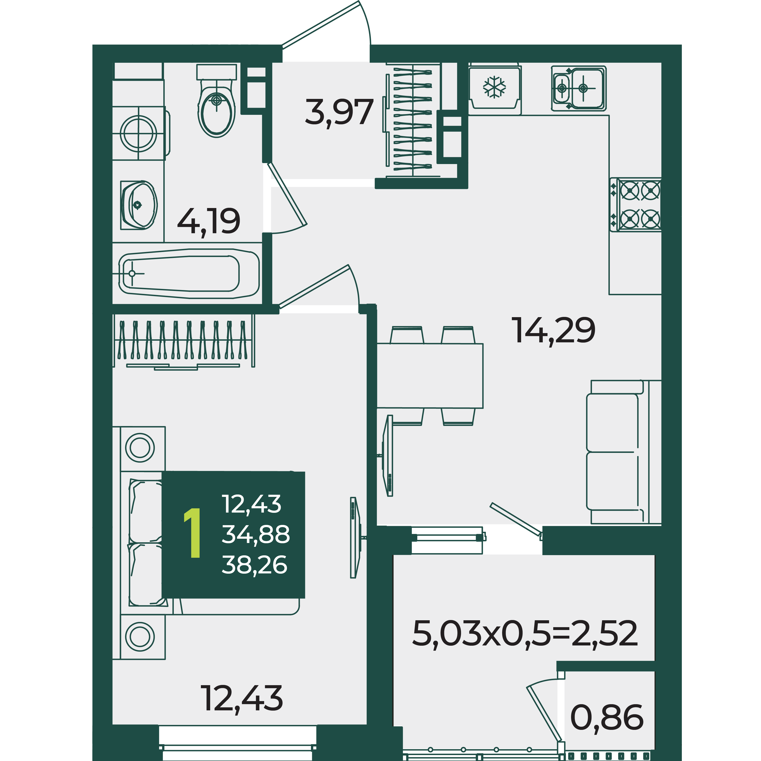 1-комнатная 38 м2 в ЖК Образцово корпус null этаж 8
