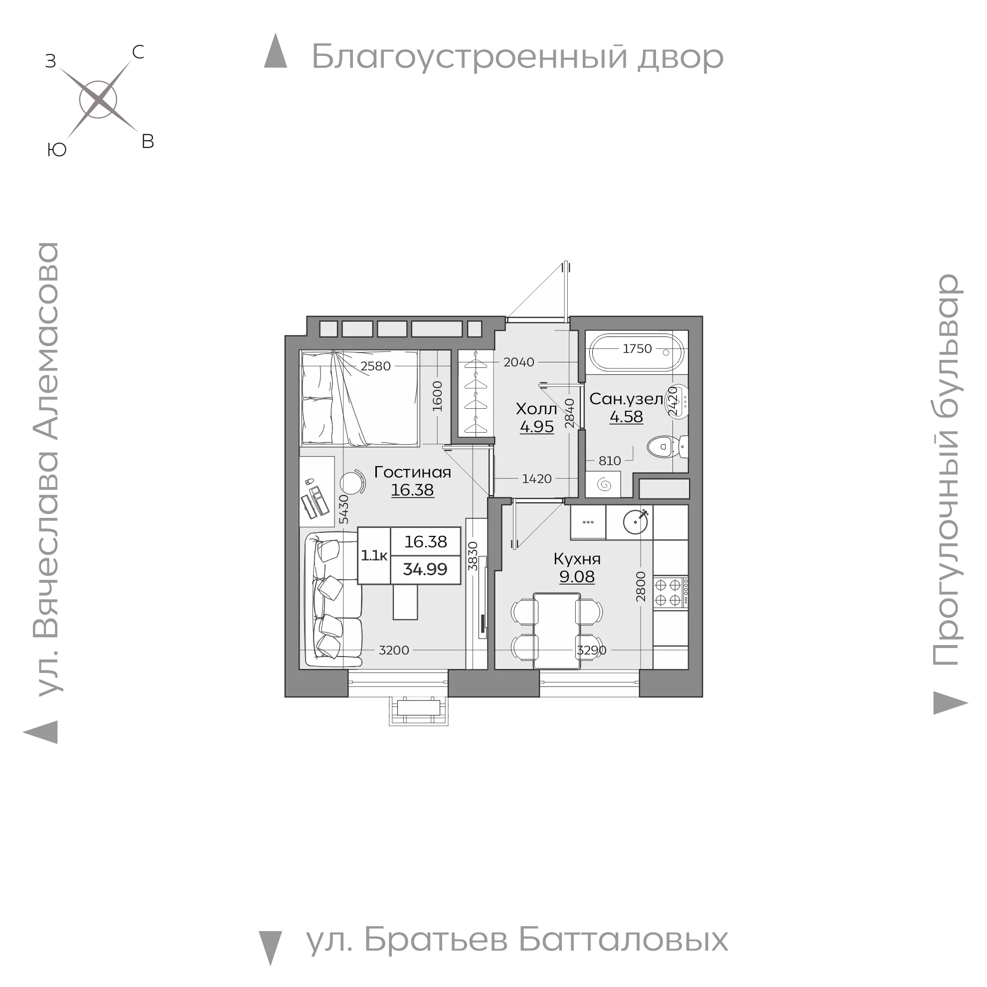 1-комнатная 34 м2 в ЖК Батталовский корпус null этаж 10