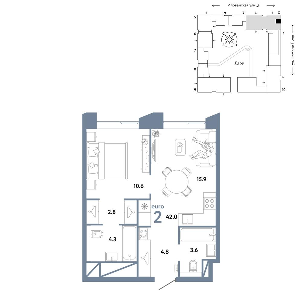 2-комнатная 42 м2 в ЖК Страна.Заречная корпус null этаж 15