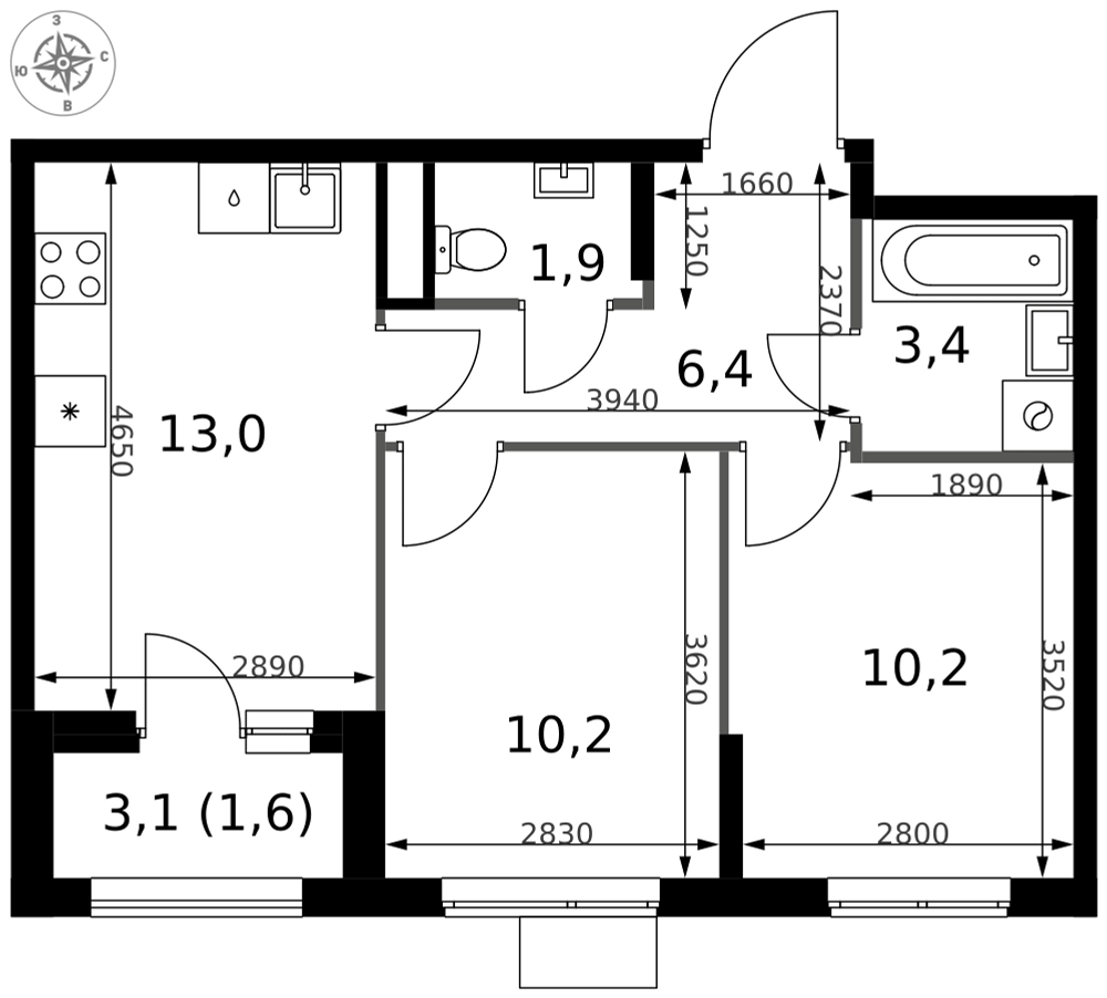 2-комнатная 46 м2 в ЖК 1-й Измайловский корпус null этаж 9
