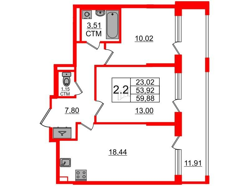 2-комнатная 53 м2 в ЖК Дворцовый фасад корпус null этаж 2