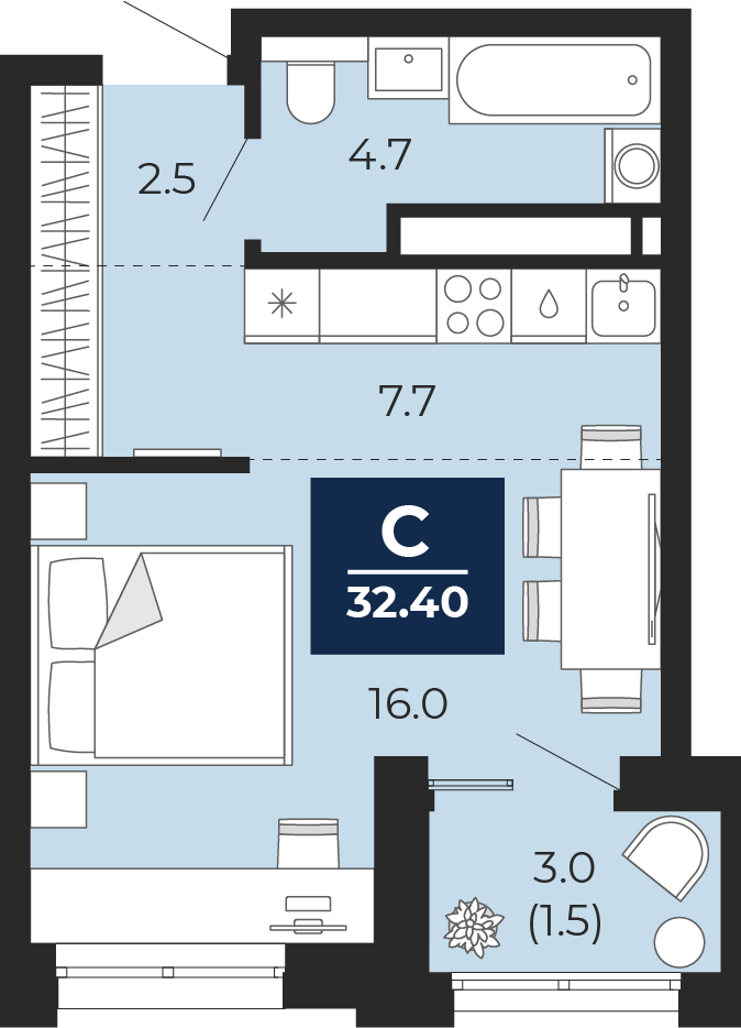Студия 30 м2 в ЖК Мириады корпус null этаж 3
