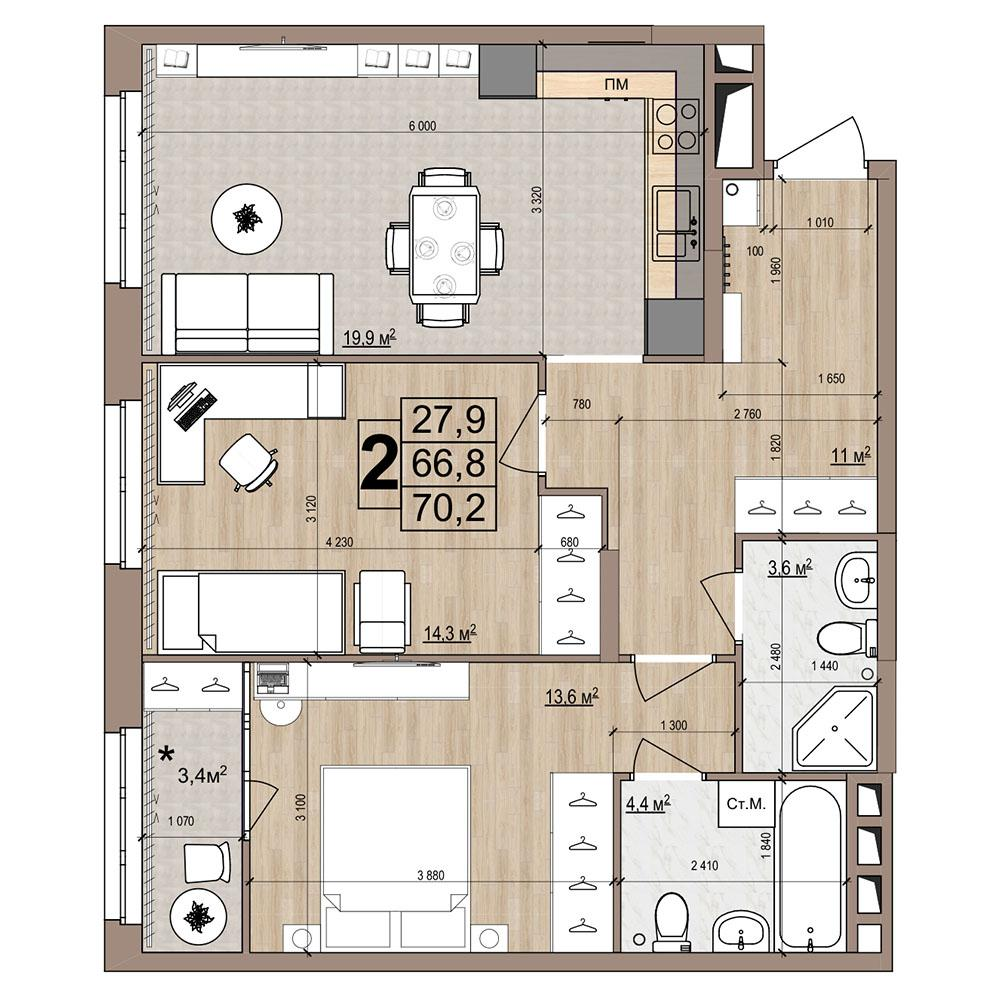 2-комнатная 70 м2 в ЖК Гранд Комфорт-2 корпус null этаж 6