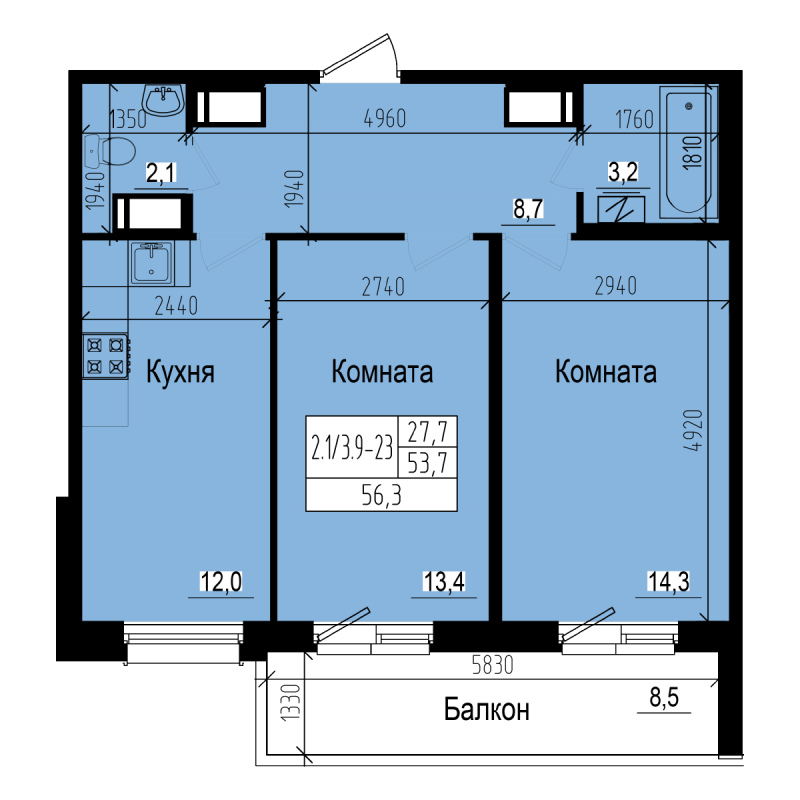 2-комнатная 56 м2 в ЖК ПРАГМА Сity корпус null этаж 20