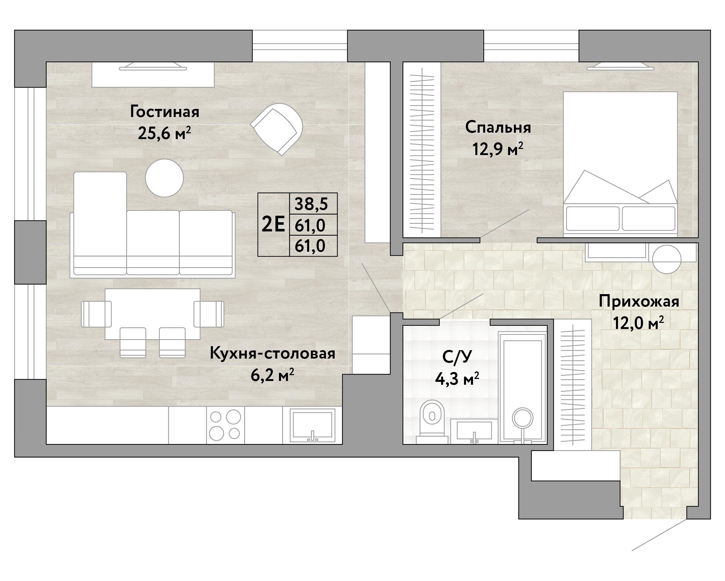 2-комнатная 61 м2 в ЖК Green 2 корпус null этаж 11