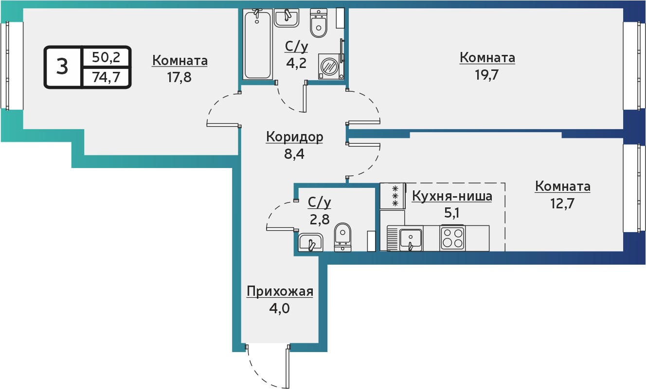 3-комнатная 74 м2 в ЖК ВЕГА-2 корпус null этаж 1