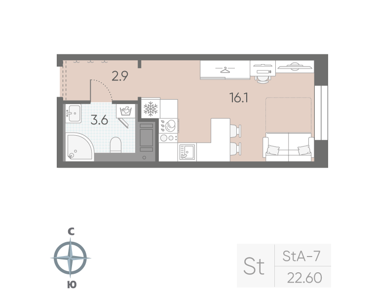 Студия 22 м2 в ЖК Большая Охта корпус null этаж 7