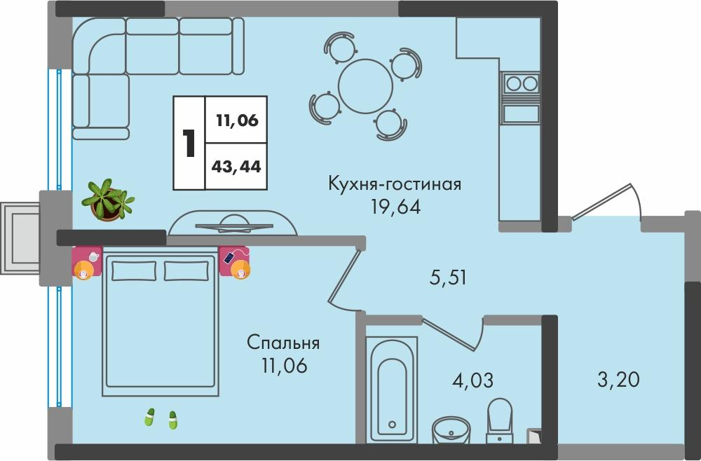 1-комнатная 43 м2 в ЖК Зеленая территория корпус null этаж 4