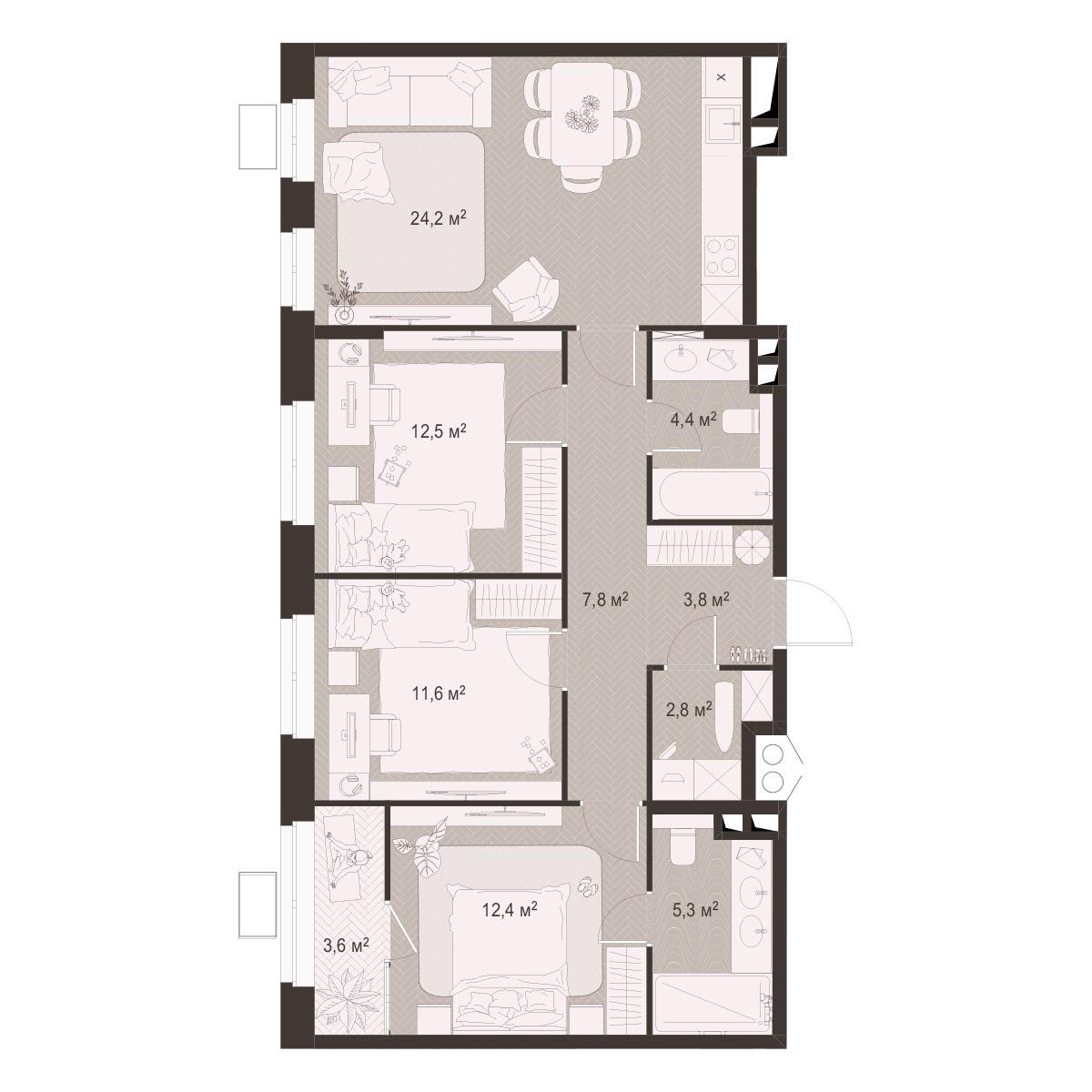 3-комнатная 88 м2 в ЖК Гранд Комфорт-3 корпус null этаж 14