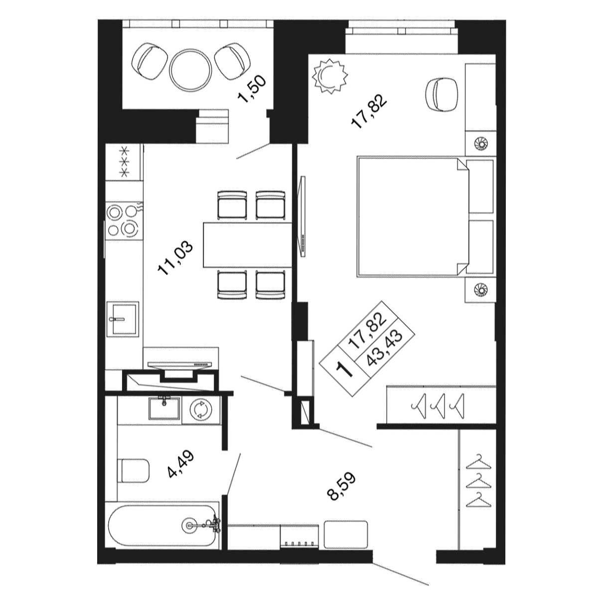 1-комнатная 43 м2 в ЖК Времена года корпус null этаж 9