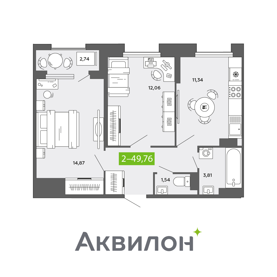 2-комнатная 49 м2 в ЖК Аквилон CITY Towers корпус null этаж 13