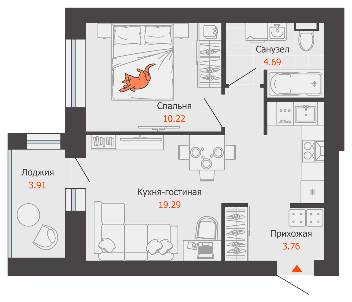 2-комнатная 40 м2 в ЖК Зарядное корпус null этаж 8