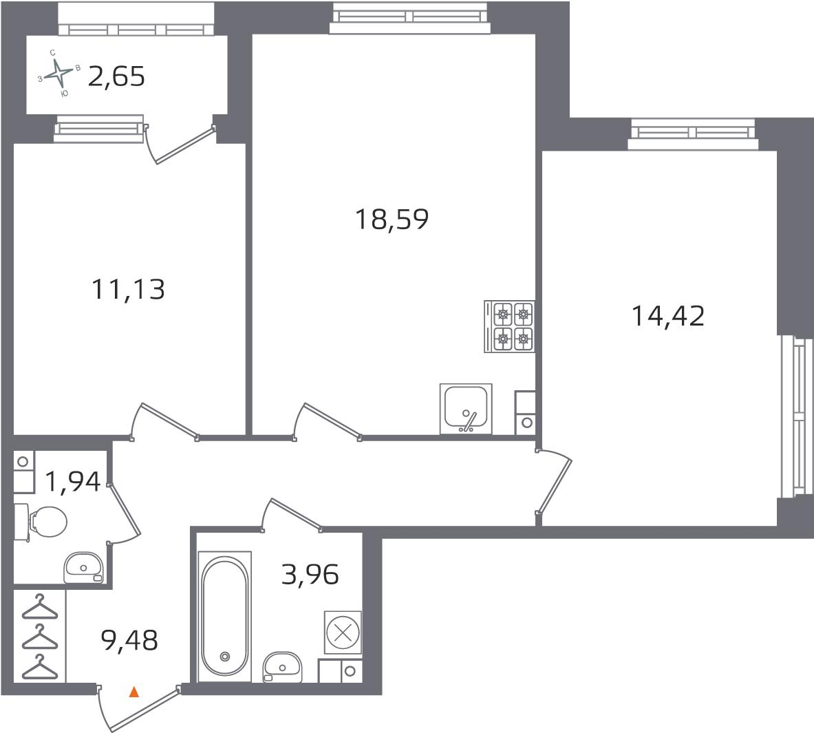 2-комнатная 60 м2 в ЖК Б15 корпус null этаж 3