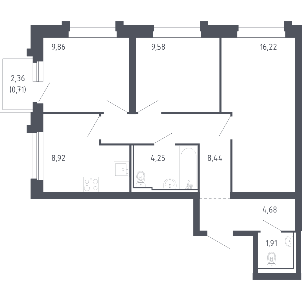 3-комнатная 64 м2 в ЖК Сердце Сахалина корпус null этаж 5