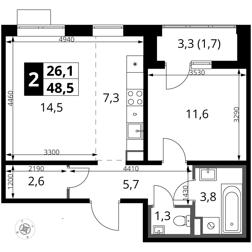 2-комнатная 48 м2 в ЖК 1-й Южный корпус null этаж 15