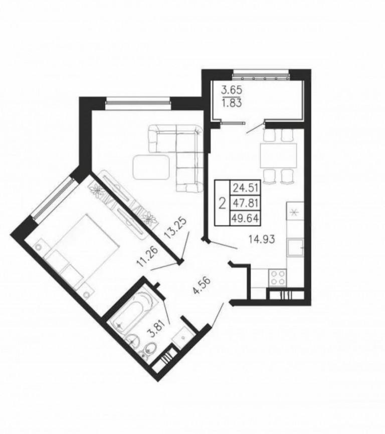 2-комнатная 49.7 м2 в ЖК undefined корпус null этаж 4