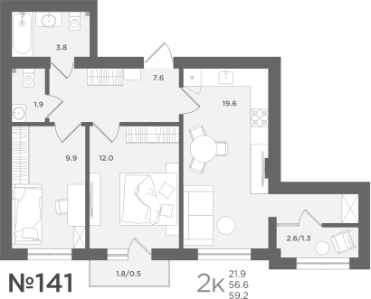 2-комнатная 56 м2 в ЖК МС18 корпус null этаж 7