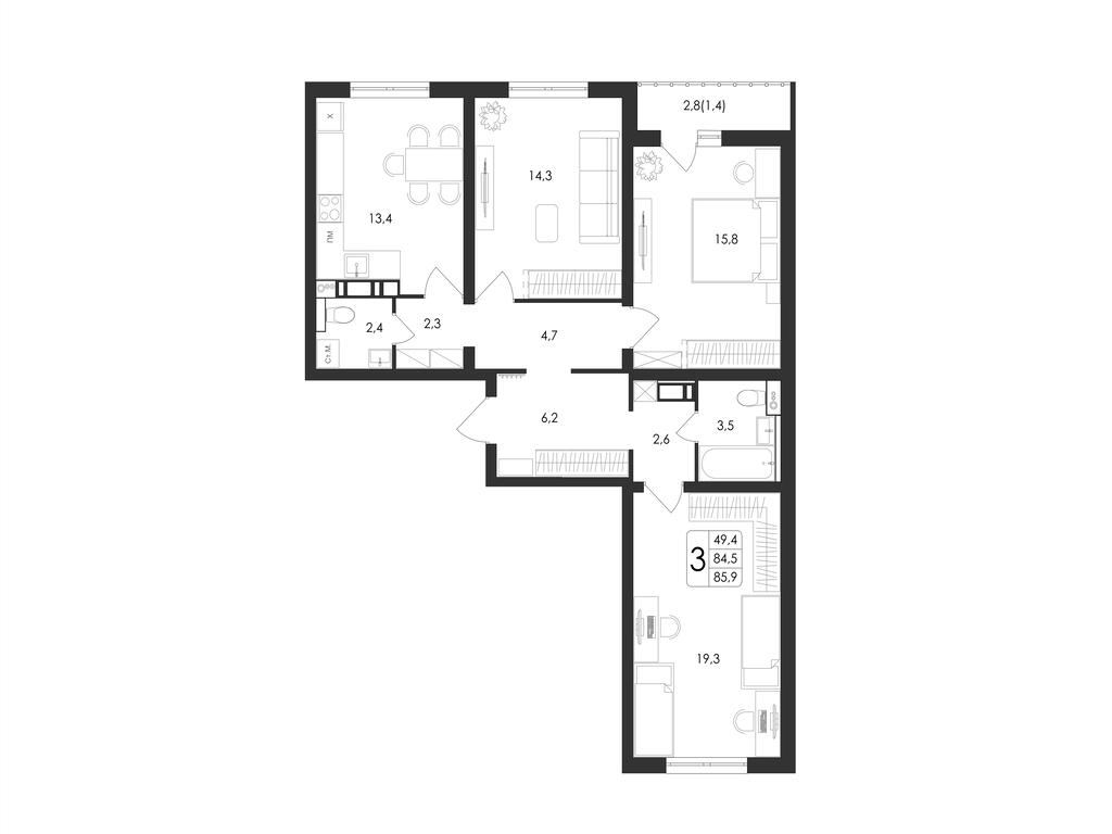 3-комнатная 85 м2 в ЖК Май корпус null этаж 1
