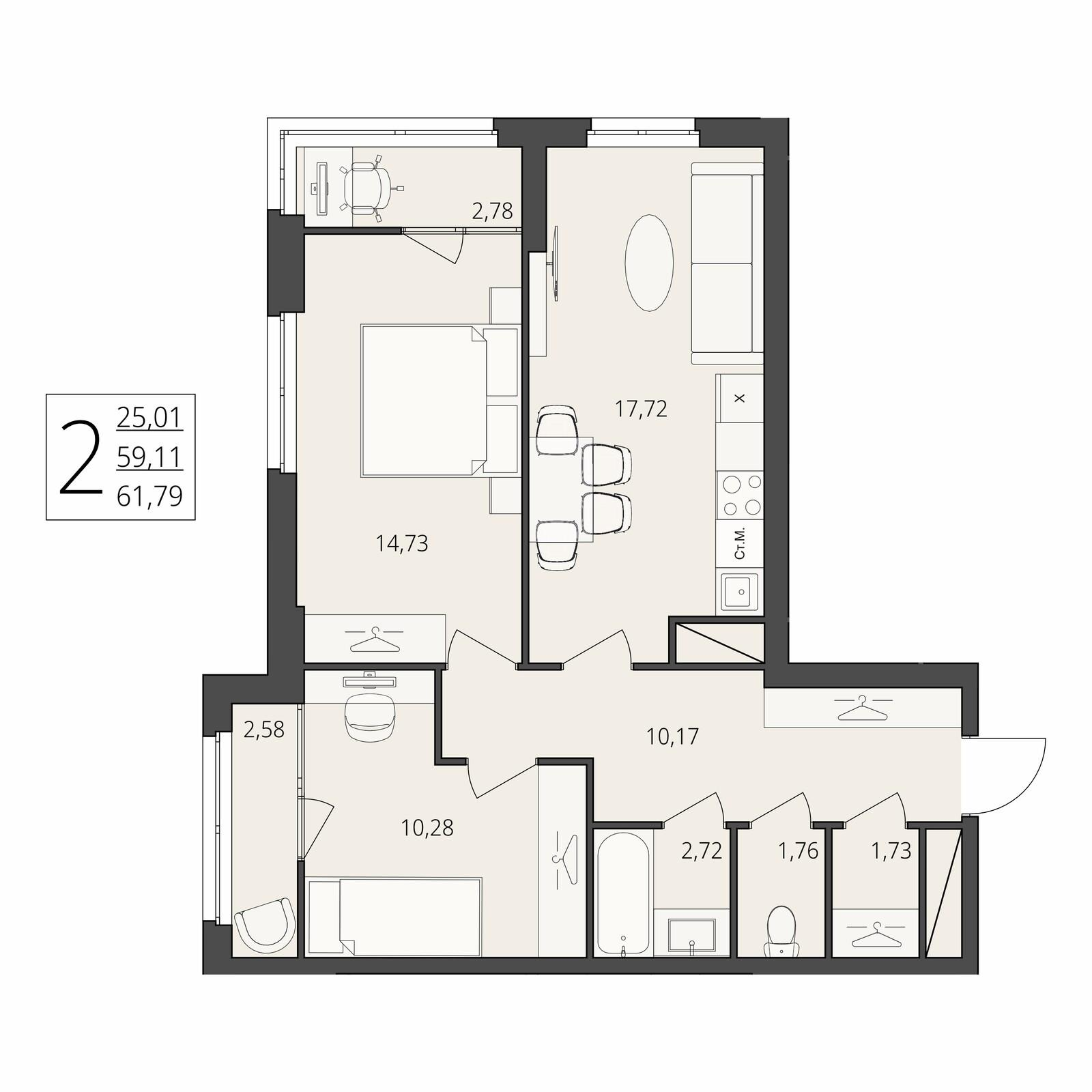 2-комнатная 61 м2 в ЖК Берег Волги корпус null этаж 7
