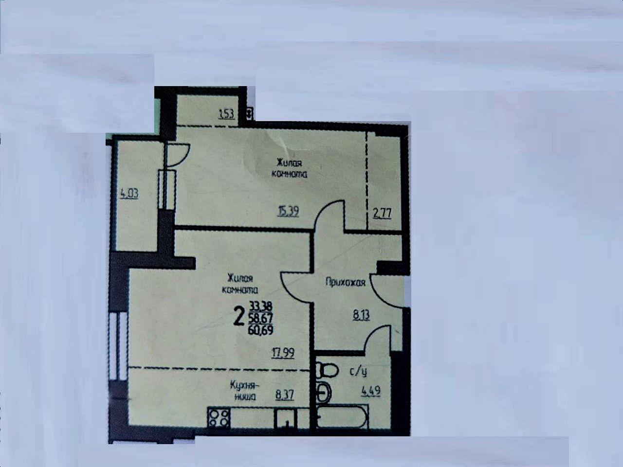 2-комнатная 60.9 м2 в ЖК undefined корпус null этаж 9