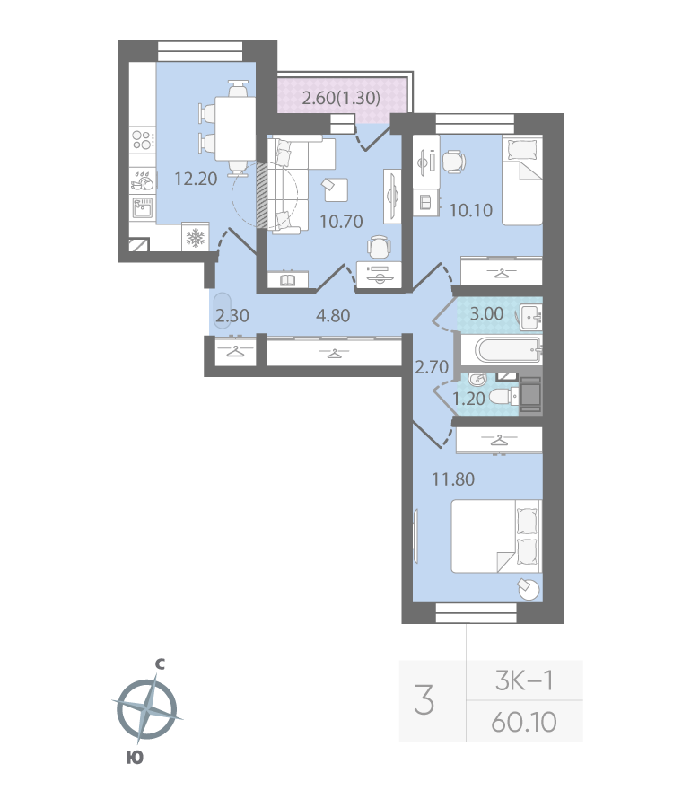 3-комнатная 60 м2 в ЖК Цветной город корпус null этаж 17