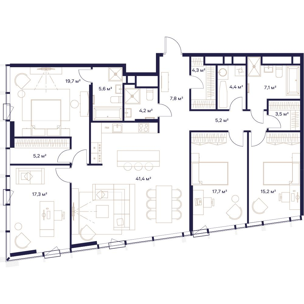 4-комнатная 156 м2 в ЖК Союз корпус null этаж 22