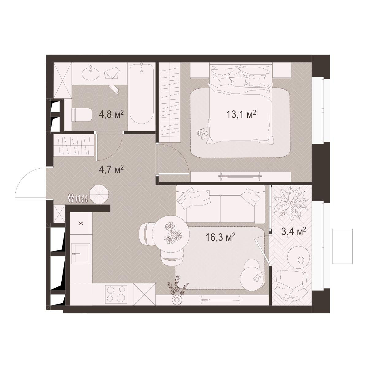 1-комнатная 42 м2 в ЖК Гранд Комфорт-3 корпус null этаж 9