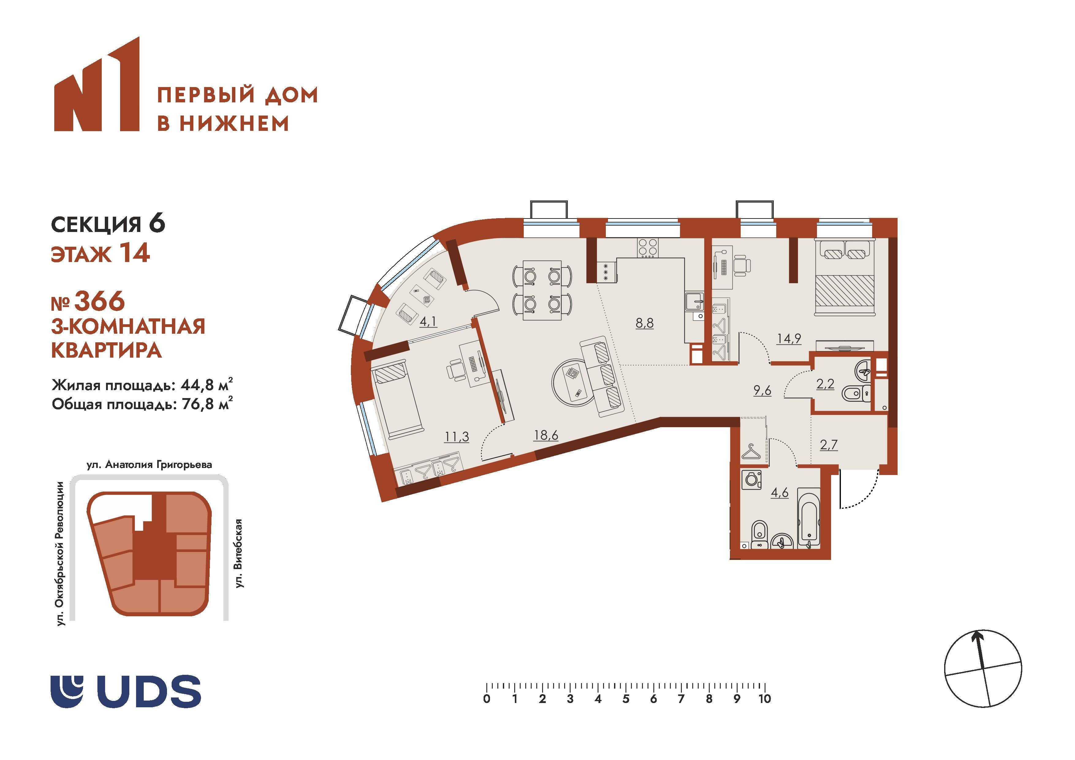 3-комнатная 76 м2 в ЖК N1 Первый дом в Нижнем корпус null этаж 14