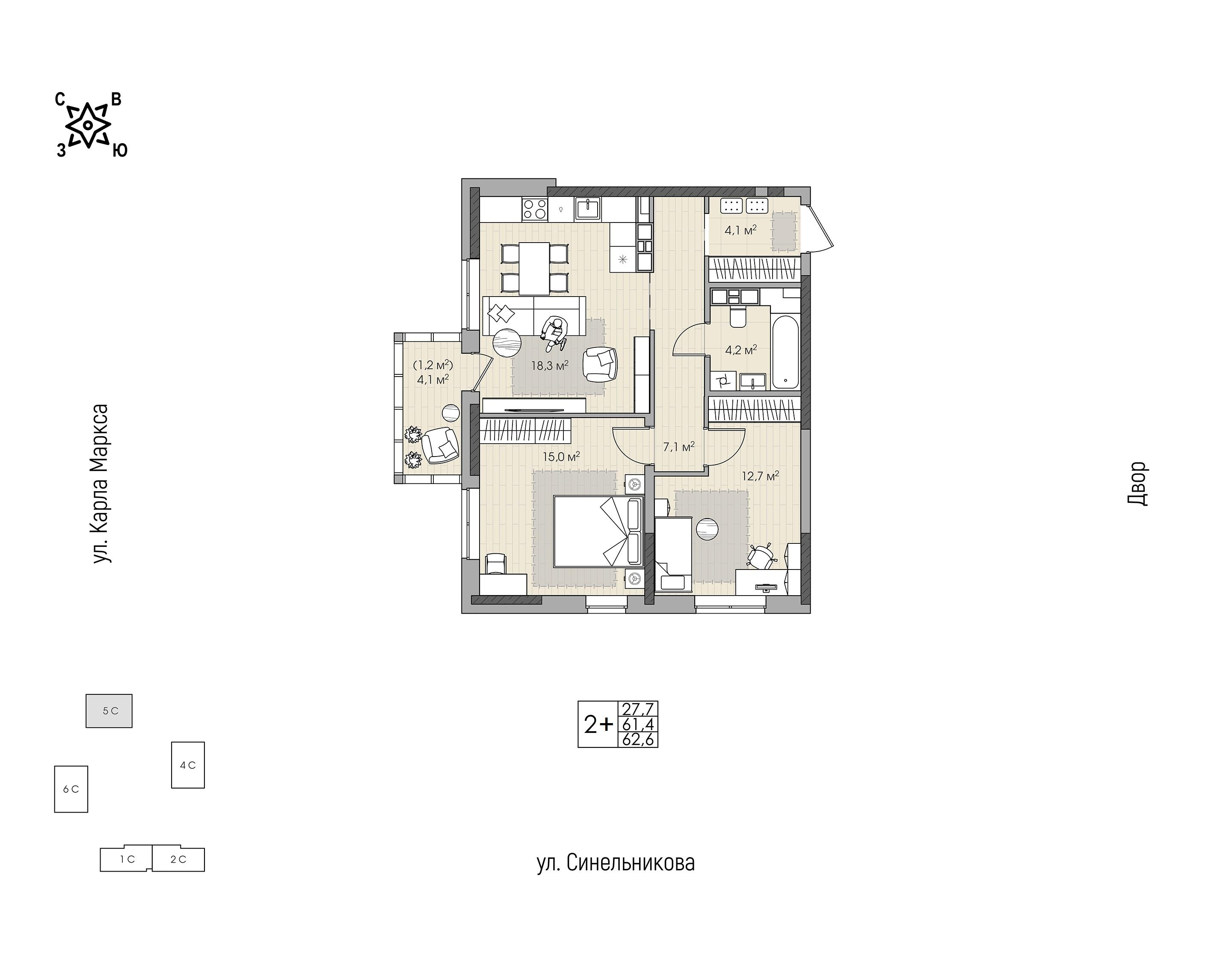 2-комнатная 62 м2 в ЖК Сердце Востока корпус null этаж 14
