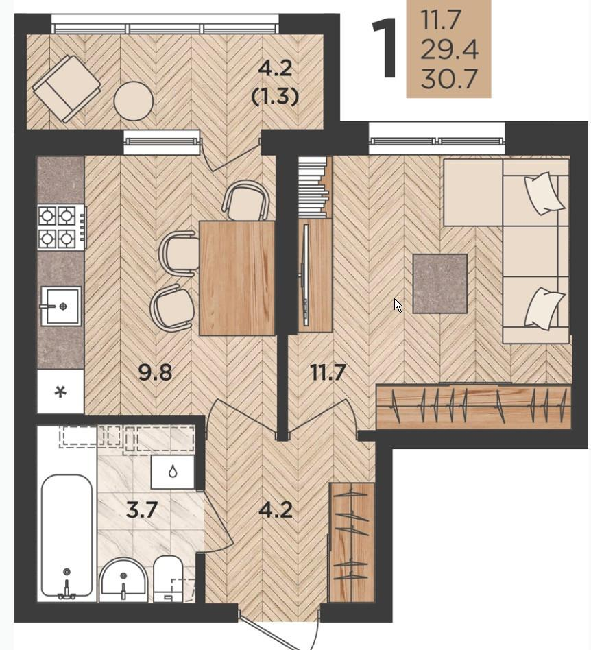 1-комнатная 30.7 м2 в ЖК undefined корпус null этаж 19