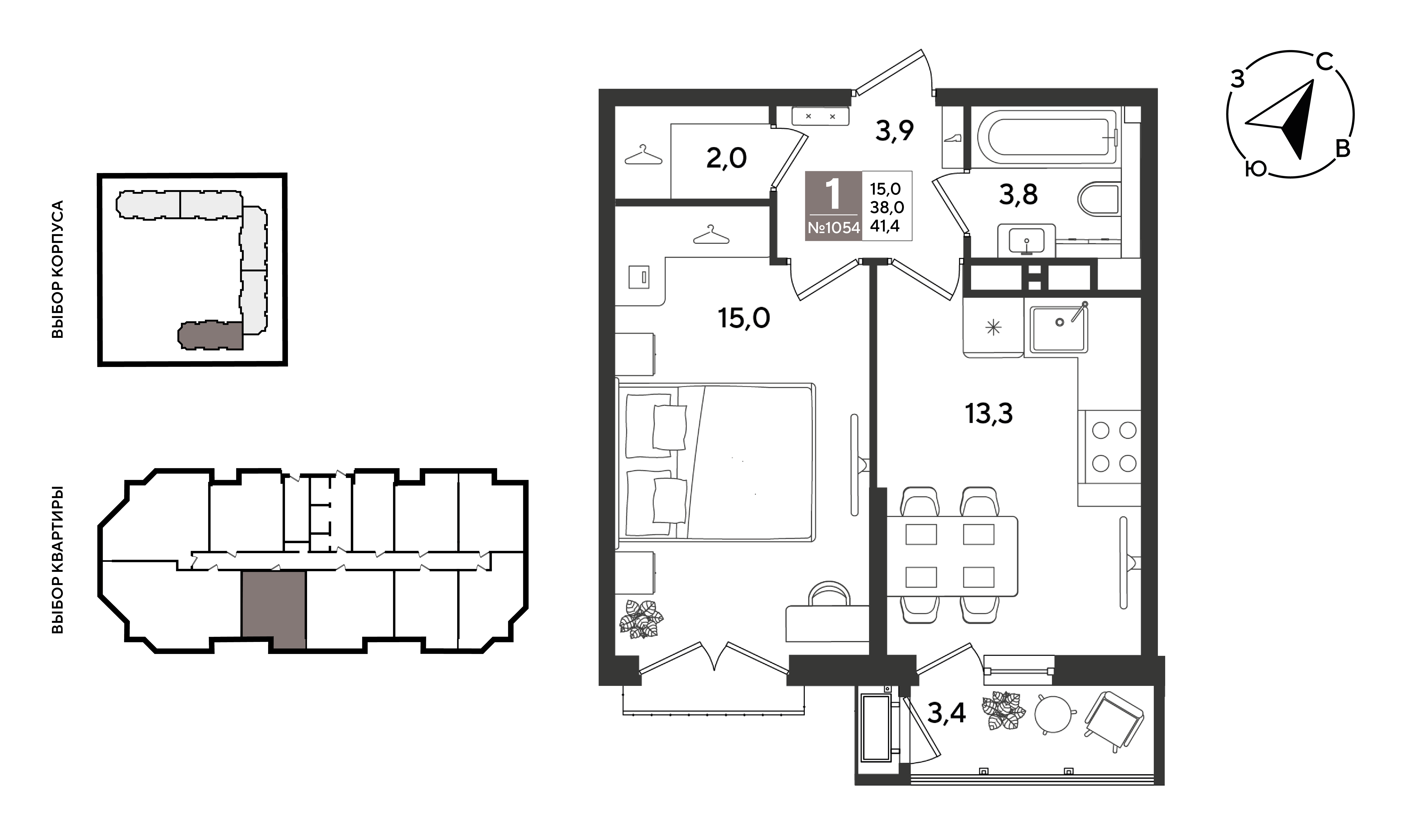 1-комнатная 41 м2 в ЖК Рекорд 2 корпус null этаж 11