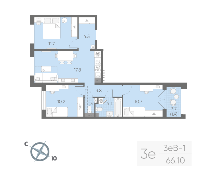 3-комнатная 66 м2 в ЖК Пулково Lake корпус null этаж 3