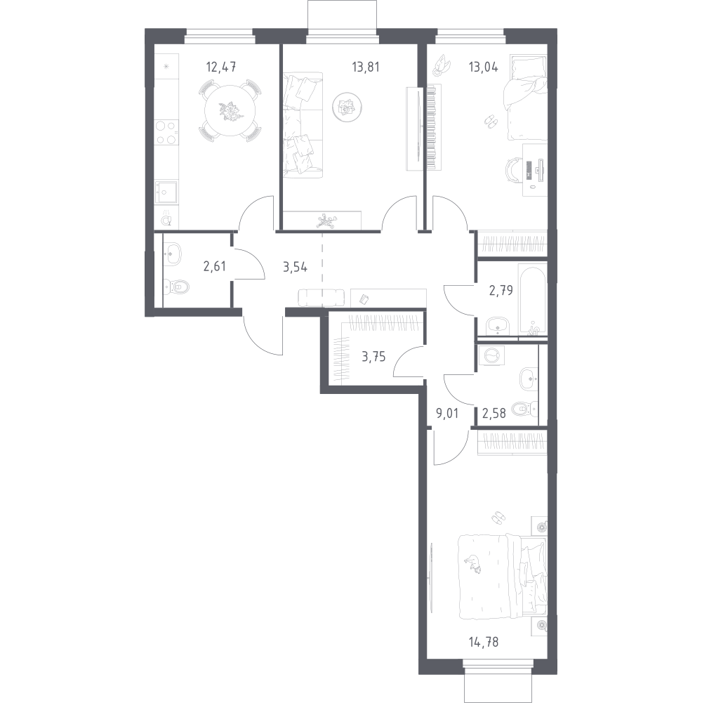 3-комнатная 78 м2 в ЖК Мытищи Парк корпус null этаж 3