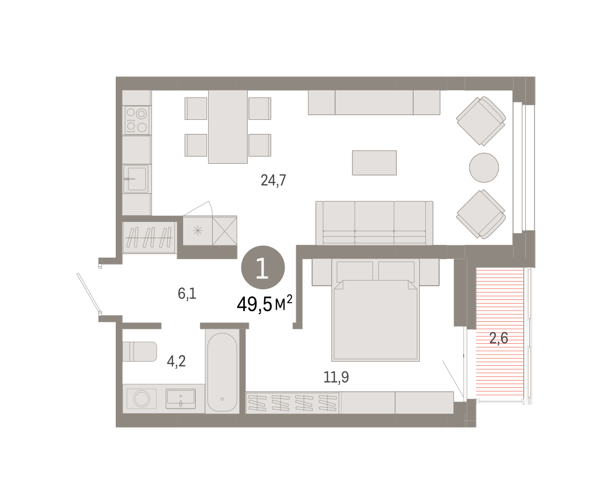 1-комнатная 49 м2 в ЖК Квартал Нефть корпус null этаж 5