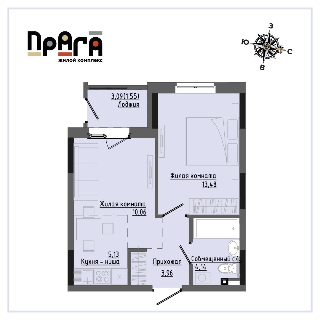 1-комнатная 38 м2 в ЖК Прага корпус null этаж 10