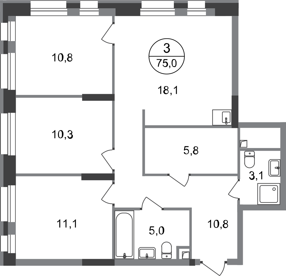 3-комнатная 75 м2 в ЖК Первый Московский корпус null этаж 1