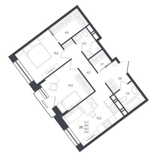 2-комнатная 58 м2 в ЖК Новая Щербинка корпус null этаж 7