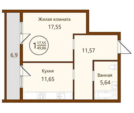 1-комнатная 49.9 м2 в ЖК undefined корпус null этаж 9