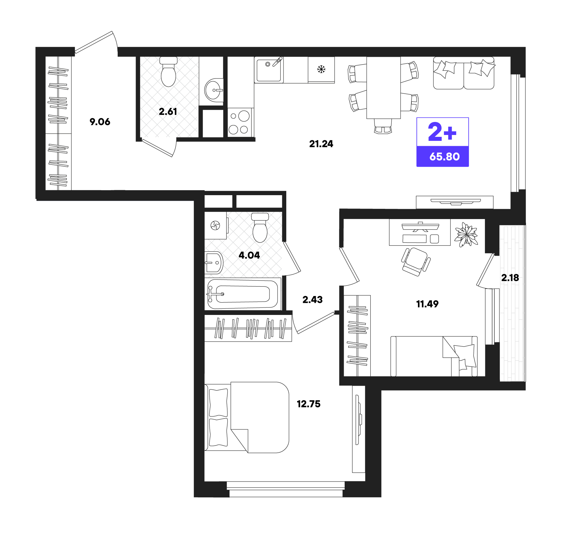 2-комнатная 65 м2 в ЖК Отличие корпус null этаж 15