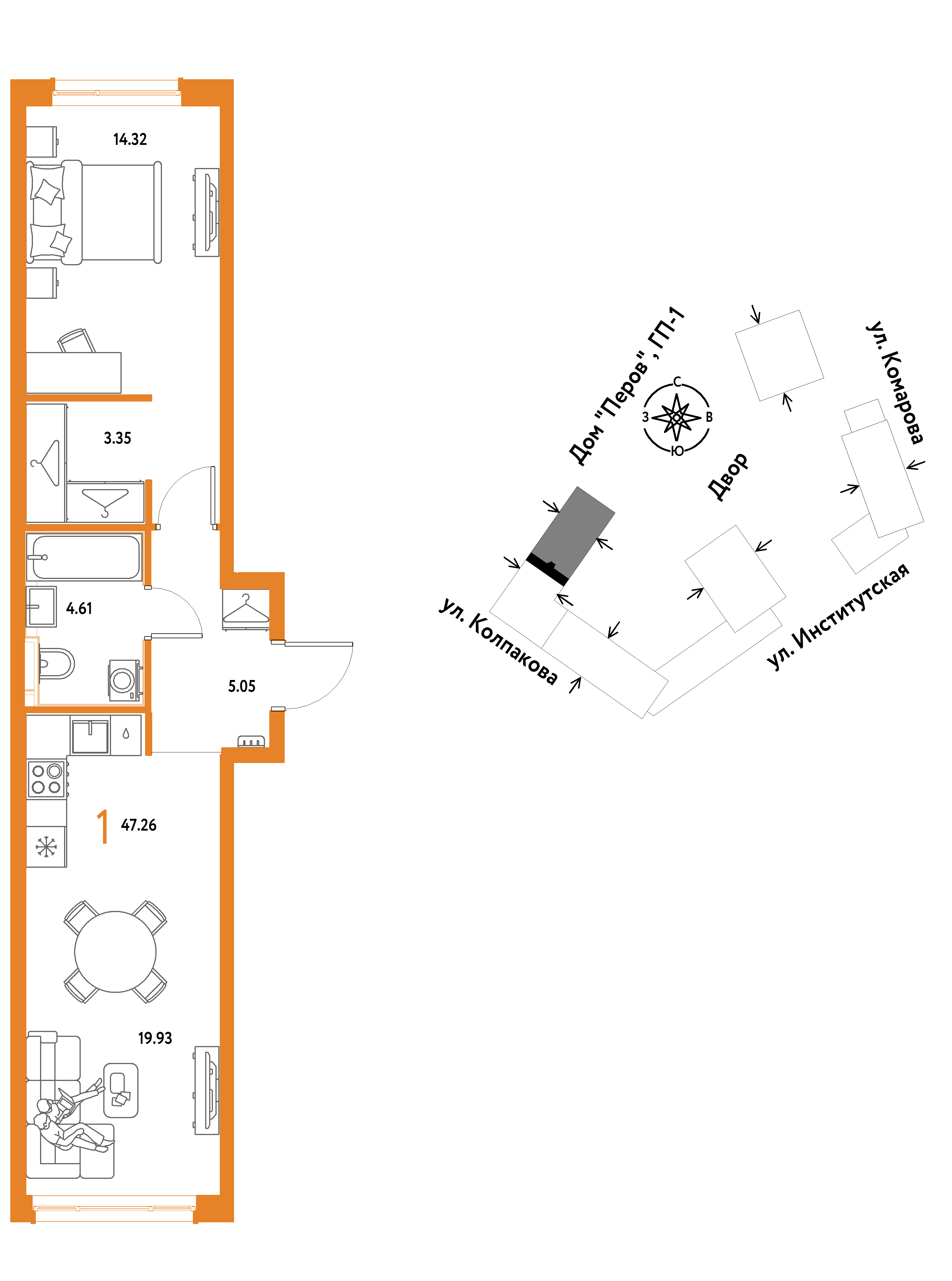 1-комнатная 47 м2 в ЖК Страна.Парковая корпус null этаж 8