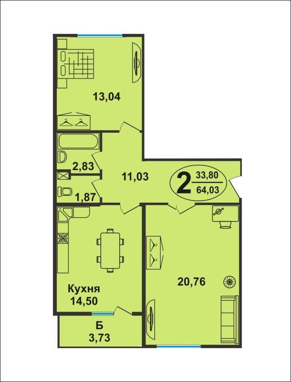 2-комнатная 64 м2 в ЖК undefined корпус null этаж 10