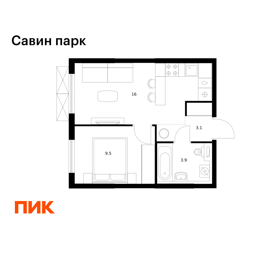 1-комнатная 32 м2 в ЖК Савин парк корпус null этаж 11