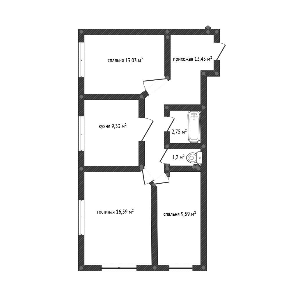 3-комнатная 65.9 м2 в ЖК undefined корпус null этаж 13