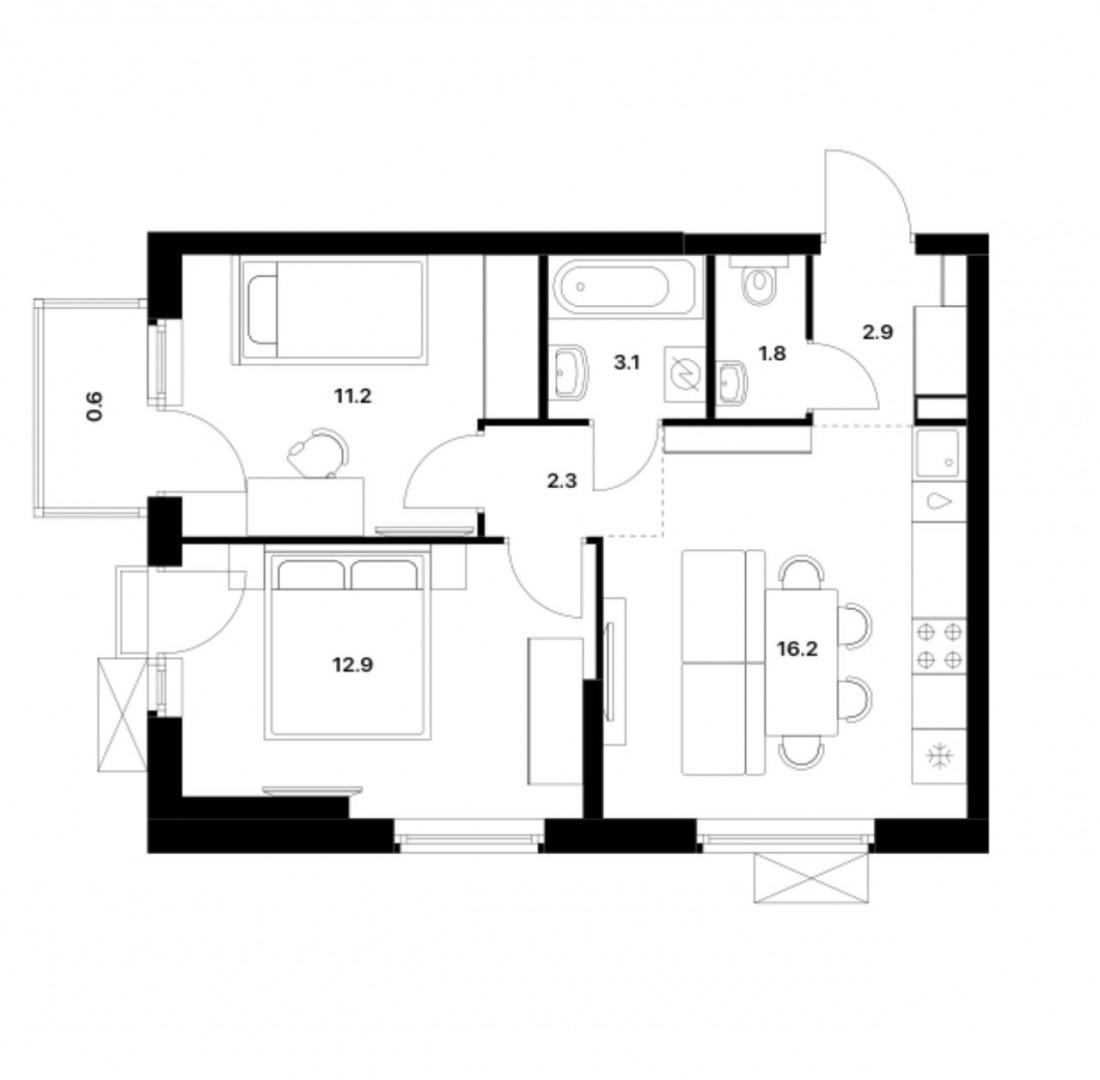2-комнатная 50.5 м2 в ЖК undefined корпус null этаж 11
