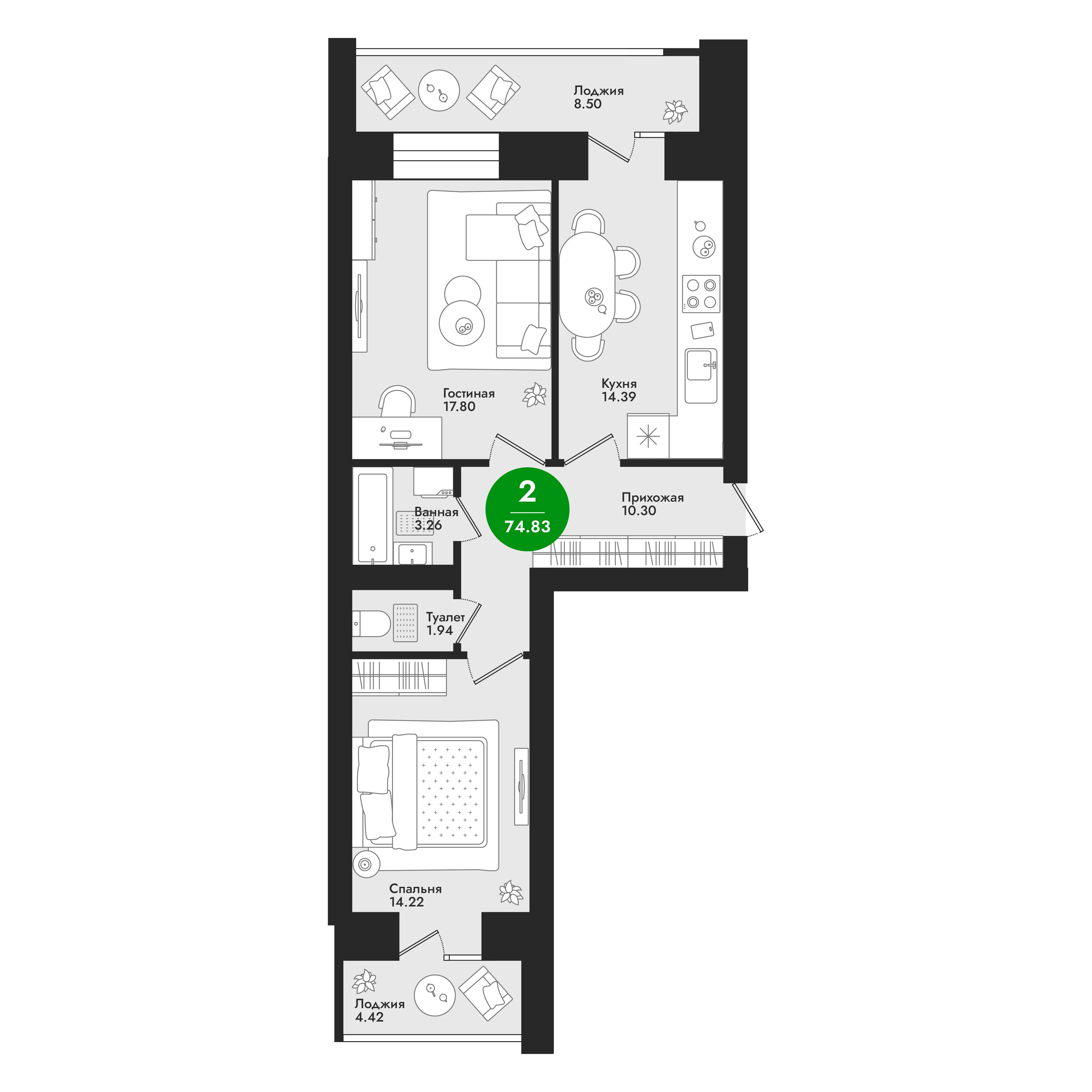 2-комнатная 74 м2 в ЖК ул. Подольских курсантов корпус null этаж 2